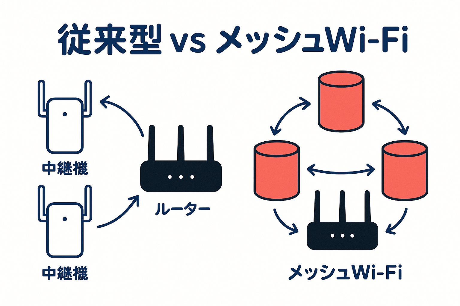 中継器 vs メッシュWi-Fi比較図