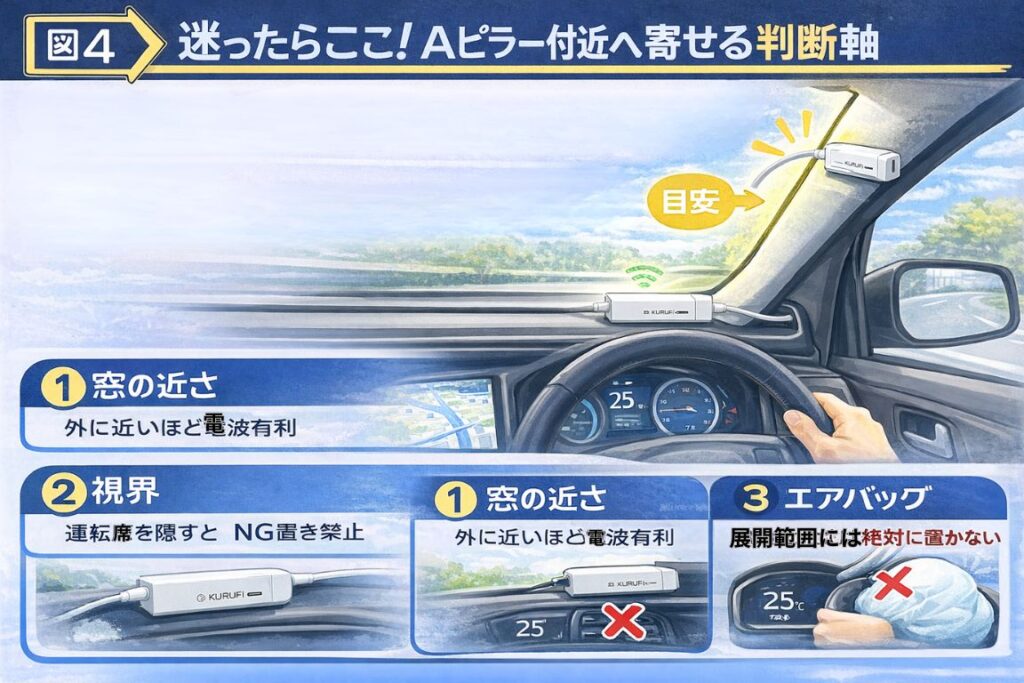Aピラー付近へ寄せる判断軸