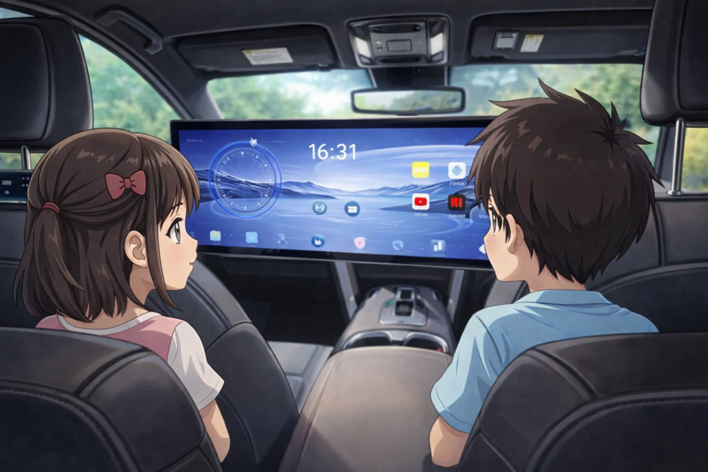 後部座席からワイドモニターを見る兄妹のイメージ図