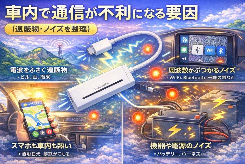 車内で通信が不利になる要因（遮蔽物・ノイズ）を整理