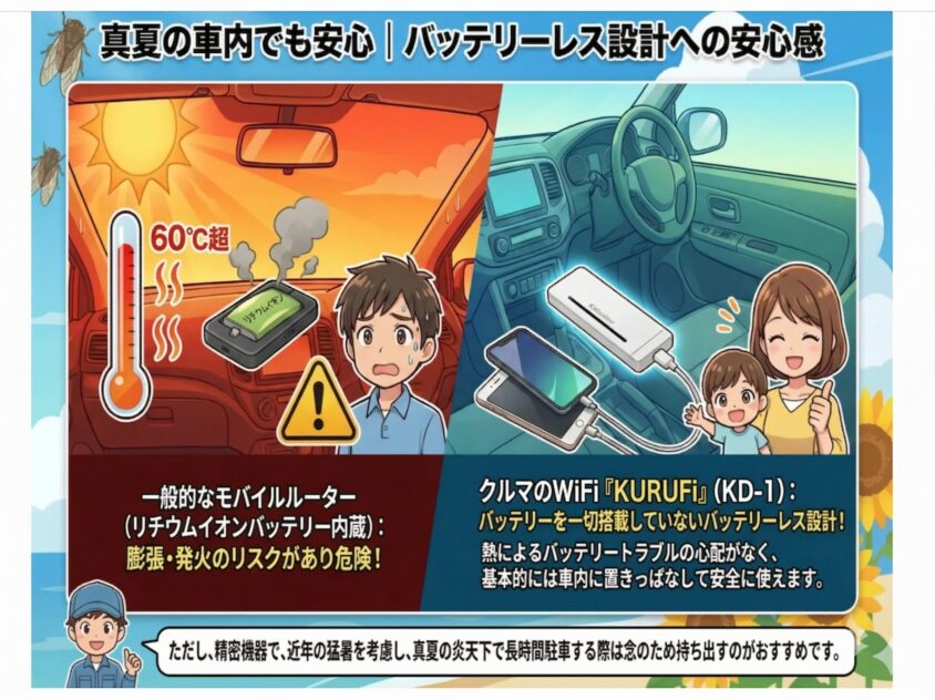 真夏の車内でも安心|バッテリーレス設計への安心感