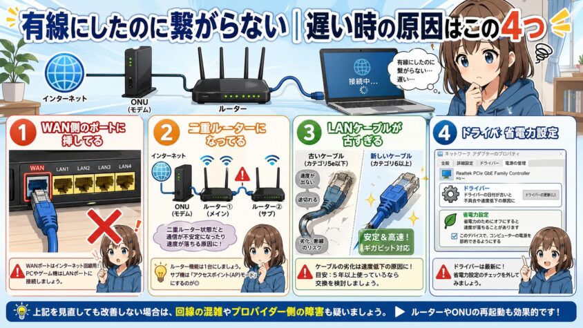 有線にしたのに繋がらない｜遅い時の原因はこの4つ