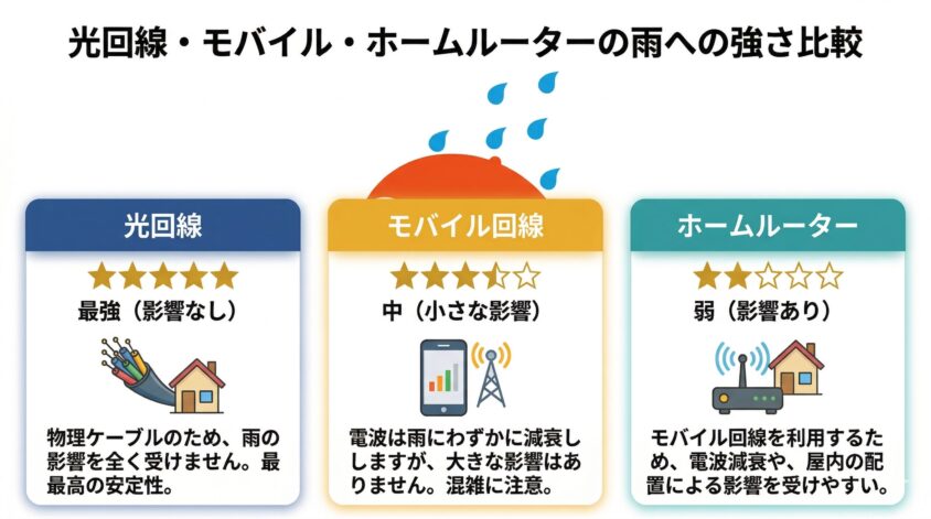 光回線・モバイル・ホームルーターの雨への強さ比較