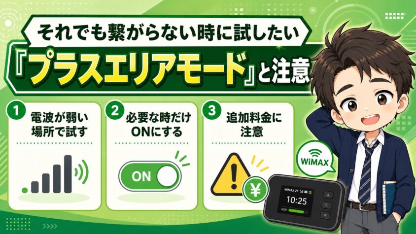 それでも繋がらない時に試したい「プラスエリアモード」と注意