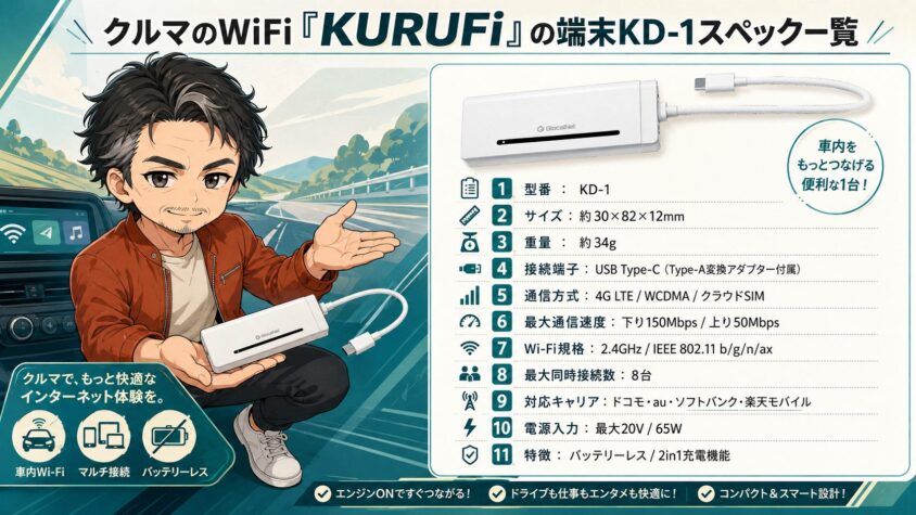 クルマのWiFi「KURUFi」の端末KD-1スペック一覧