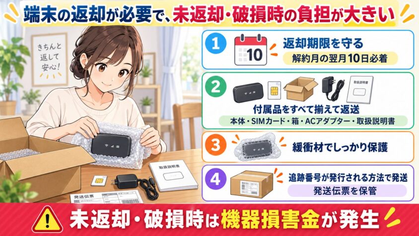端末の返却が必要で、未返却・破損時の負担が大きい